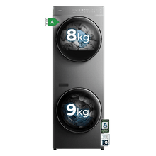 Bolero Wash&Dry Tower 98500 SmartDuo Steel Torre integrada de lavado y secado en color steel, de 9 kg + 8 kg, con funcionamiento simultáneo, display FullTouch Superior único y Smart Duo. Incluye Wash & Dry 45’, Clase A -10 % y Motor Inverter, puerta XXL, secado automático con 3 niveles, tambores inox con secado bidireccional, 14 programas, 1200 rpm, luz interior y Delay Start.