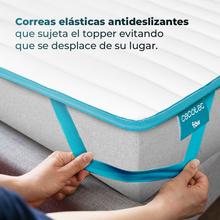 Flow TopCloud Topper acolchado con espuma supersuave y fibra siliconada de 5 cm de altura con cuatro correas elásticas antideslizantes para una mejor sujeción.