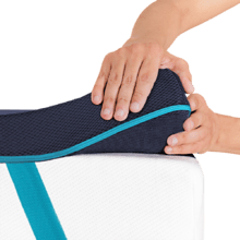 Surmatelas Flow TopSerenity 100 % viscoélastique, 5 cm de hauteur, avec quatre bandes élastiques antidérapantes pour une meilleure fixation et une housse extérieure amovible avec fermeture éclair.